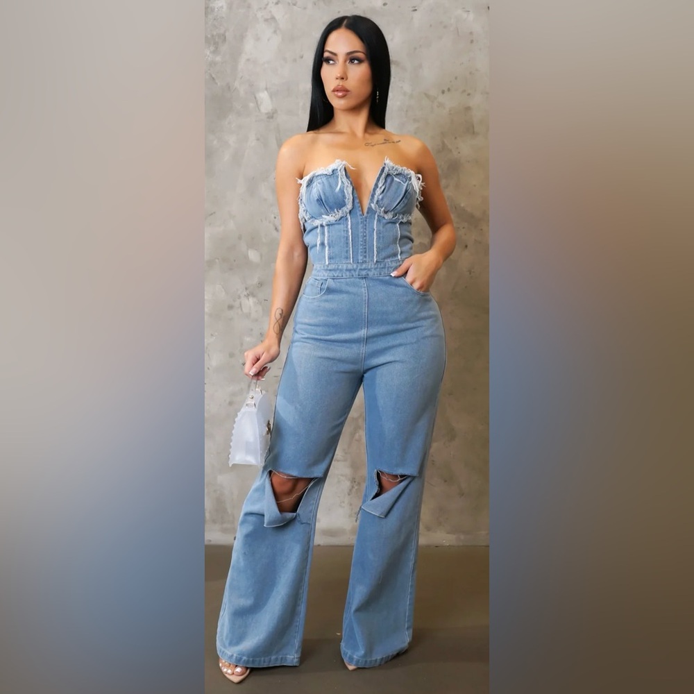 Strapless Frayed Bust Denim Jumpsuit in Light Blue